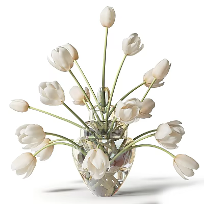 Elegant Transparent Glass Vase With Fresh White Tulips And Decorative Stones 3d model