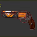 Orange Silver Revolver With Wooden Grip V Shaped Pattern And Metallic Body