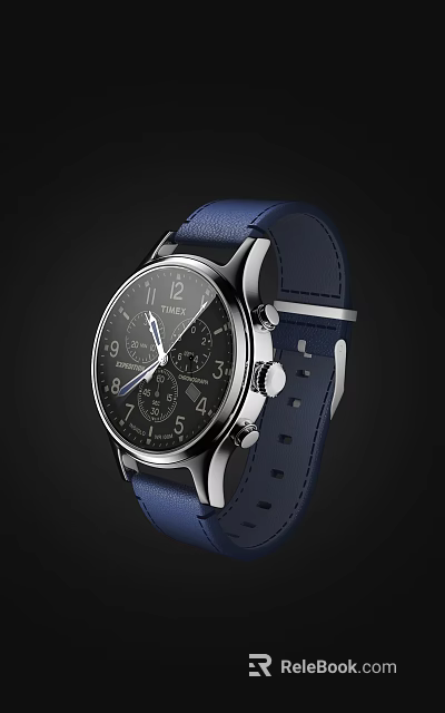 Stylish Chronograph Watch With Black Dial Blue Leather Strap And Silver Case 3d model 
