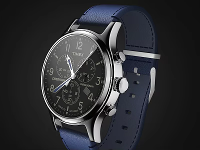 Stylish Chronograph Watch With Black Dial Blue Leather Strap And Silver Case 3d model