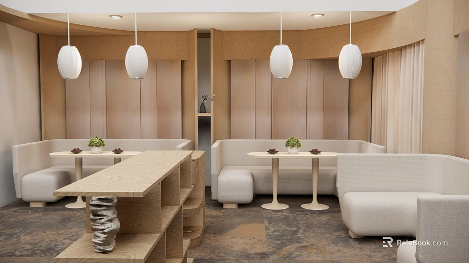Modern Restaurant Interior With Wooden Walls White Pendant Lights And Sofa Seats 3d model 