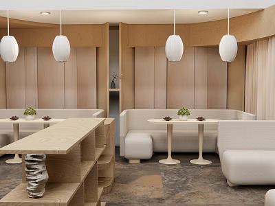 Modern Restaurant Interior With Wooden Walls White Pendant Lights And Sofa Seats 3d model
