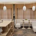 Modern Restaurant Interior With Wooden Walls White Pendant Lights And Sofa Seats