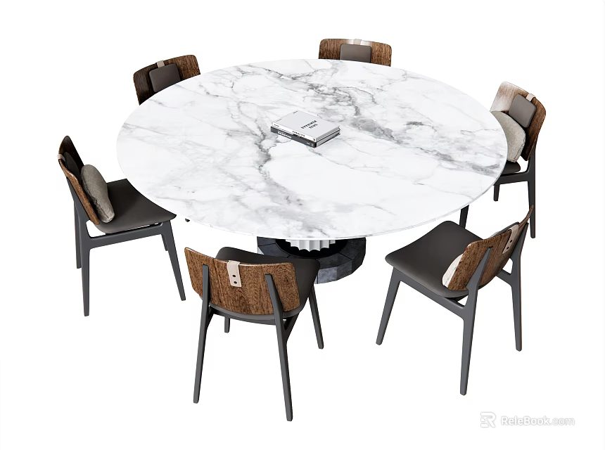 Elegant Round Dining Table Set With White Marble Top And Six Chairs 3d model