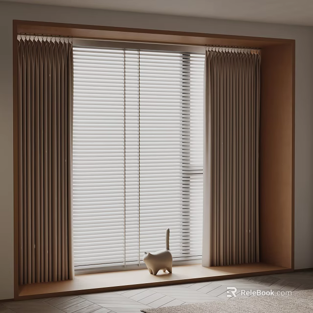 Light Brown Pleated Curtains With Venetian Blinds And Cat Figurine On Windowsill 3d model 