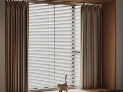 Light Brown Pleated Curtains With Venetian Blinds And Cat Figurine On Windowsill 3d model