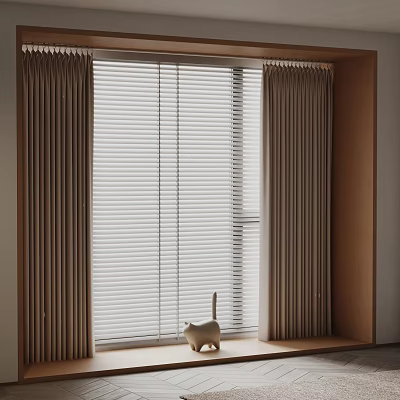 Light Brown Pleated Curtains With Venetian Blinds And Cat Figurine On Windowsill 3d model