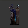 Mythical Horned Character In Elaborate Blue Purple Cloak With Glowing Weapon