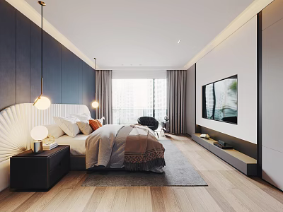 Modern Bedroom Interior Design With Scallop Headboard Pendant Lights And Wooden Flooring 3d model