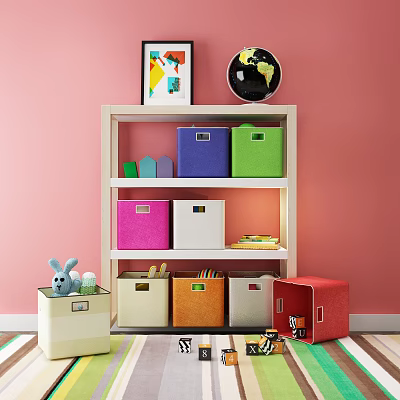 Colorful Storage Boxes On White Shelf With Pink Background Wall And Toys 3d model