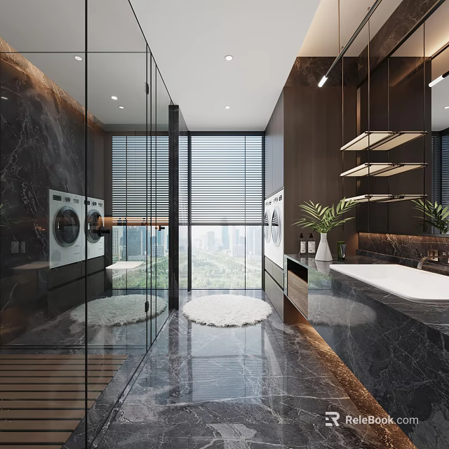 Modern Bathroom With Marble Washing Machines Bathtub And Large Windows 3d model 