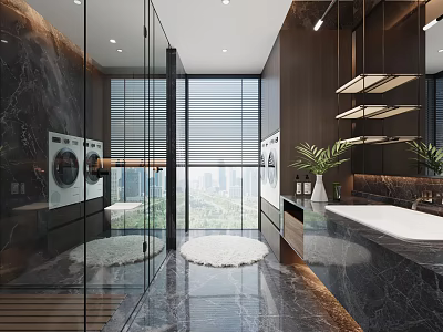 Modern Bathroom With Marble Washing Machines Bathtub And Large Windows 3d model