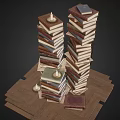 Artistic Stacked Books Display With Wooden Planks And Decorative Candle Accent