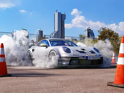 White Porsche Car Drifting with Smoke Around Traffic Cones in Urban Skyline 3d model