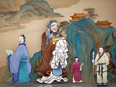 Chinese Classical Figure Painting With Ancient Figures In Traditional Costumes And Mountain Landscape 3d model