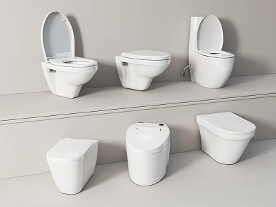 Various Modern White Toilets in Different Designs on Display Shelf 3d model