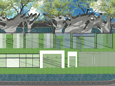 Modern Landscape Design With Glass Fence Tall Trees And Green Grass Area 3d model