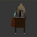 Vintage Functional Desk with Multiple Brass Decorated Drawers Clay Jar Lantern and Books on Top