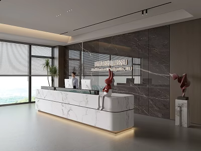 Modern Front Desk Reception Featuring Marble Countertop Company Logo Bright Windows Plants And Sculptures 3d model
