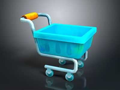 Blue Shopping Cart With Orange Handle Metal Frame And Four Wheels 3d model