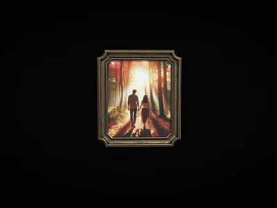 Framed Painting Of Two People Walking On Forest Path With Sunlight Through Trees 3d model