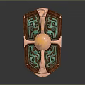 Decorative Shield With Copper Frame Green Ornate Patterns And Central Metallic Sphere