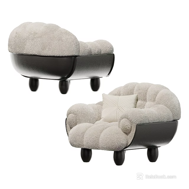 Cozy Plush Lounge Chair with Light Gray Upholstery and Black Curved Base 3d model 
