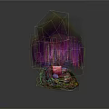 Enchanted Tree Structure With Purple Hanging Vines Colorful Stones And Mossy Base