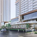 Modern Commercial Building Outdoor Leisure Area With Glass Facade Umbrellas Seating Greenery And Pedestrians