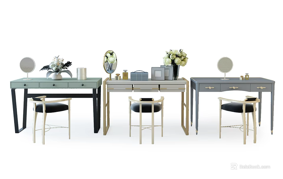 Modern Stylish Dressing Tables with Stools Mirrors Flower Vases and Decorative Items 3d model