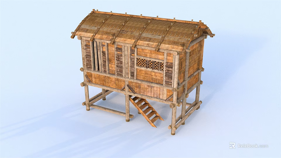 Traditional Rustic Wooden House With Straw Roof Elevated Structure Lattice Windows And Wooden Ladder 3d model 