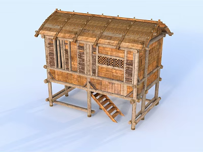 Traditional Rustic Wooden House With Straw Roof Elevated Structure Lattice Windows And Wooden Ladder 3d model
