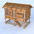 Traditional Rustic Wooden House With Straw Roof Elevated Structure Lattice Windows And Wooden Ladder