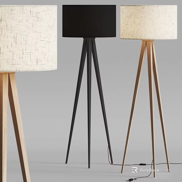 Modern Floor Lamps With Tripod Stands Wooden And Metal Bases Fabric Shades 3d model 