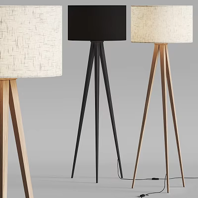 Modern Floor Lamps With Tripod Stands Wooden And Metal Bases Fabric Shades 3d model
