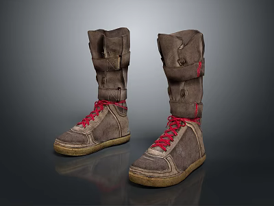 Brown High Top Boots With Red Shoelaces And Brown Rubber Soles In Suede Material 3d model
