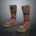 Brown High Top Boots With Red Shoelaces And Brown Rubber Soles In Suede Material