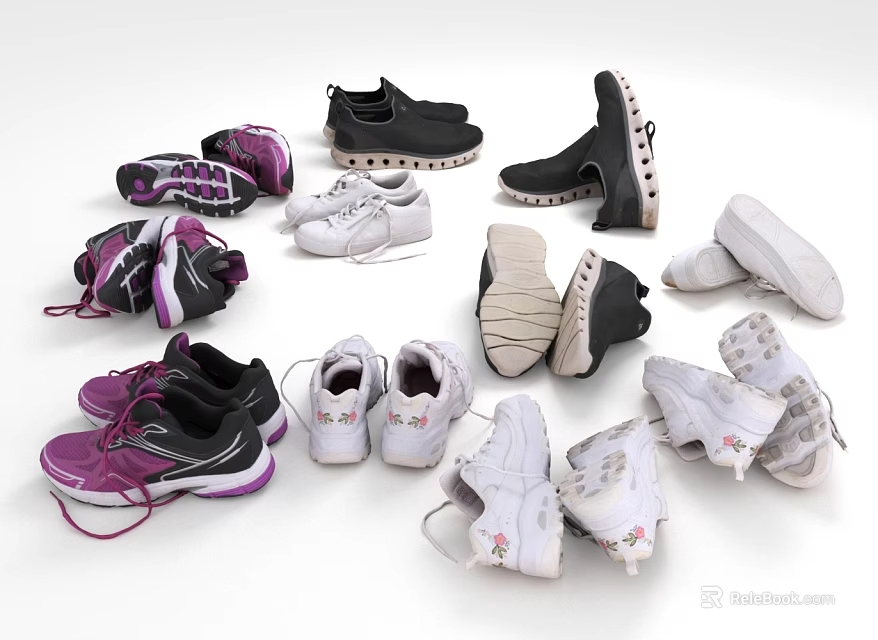 Assorted Shoes Sneakers Casual Styles Arranged In White Black Purple Colors 3d model 