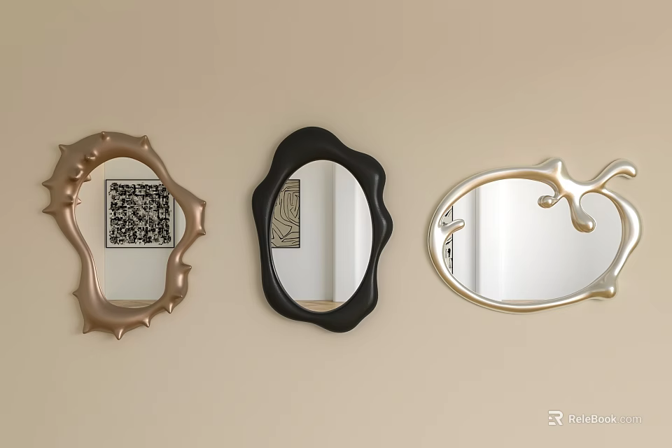 Three Decorative Mirrors with Unique Frame Designs Hanging on Beige Wall 3d model 