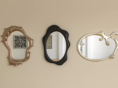 Three Decorative Mirrors with Unique Frame Designs Hanging on Beige Wall 3d model
