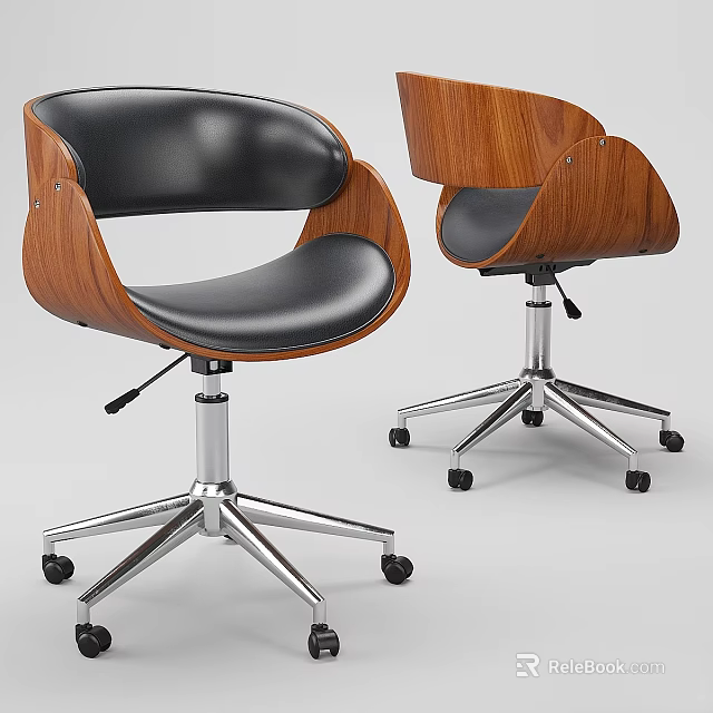 Modern Office Chair Set With Wooden Backrest Black Leather Seat And Metal Base Wheels 3d model 