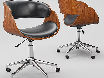 Modern Office Chair Set With Wooden Backrest Black Leather Seat And Metal Base Wheels 3d model
