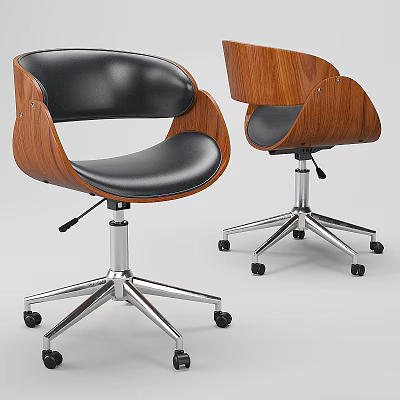 Modern Office Chair Set With Wooden Backrest Black Leather Seat And Metal Base Wheels 3d model