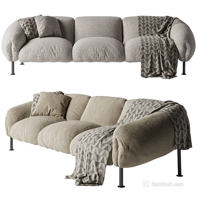 Modern Three Seater Sofa With Cozy Pillows And Patterned Blanket In Living Room 3d model 