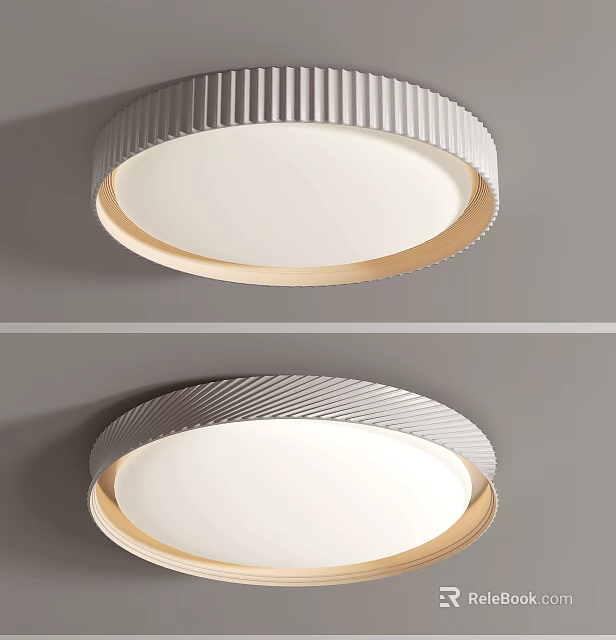 Modern Round Ceiling Light With Ribbed Metallic Frame And White Illuminated Shade 3d model