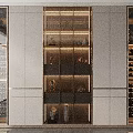 Modern Wine Cabinet Design With Glass Doors Layered Shelves Wine Bottles And Decorative Items