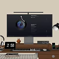Modern Computer Desktop Setup With Monitor Keyboard Headphones Lamp And Clock