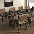 Dining Table With Rattan Chairs Wooden Frame Tableware Wall Art And Window 3d model