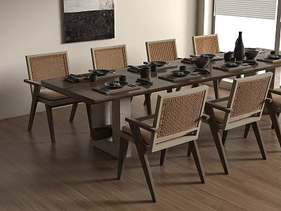 Dining Table With Rattan Chairs Wooden Frame Tableware Wall Art And Window 3d model