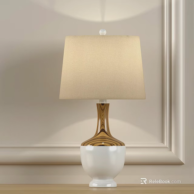 Stylish Table Lamp With Beige Fabric Shade And White Wood Grain Base 3d model 